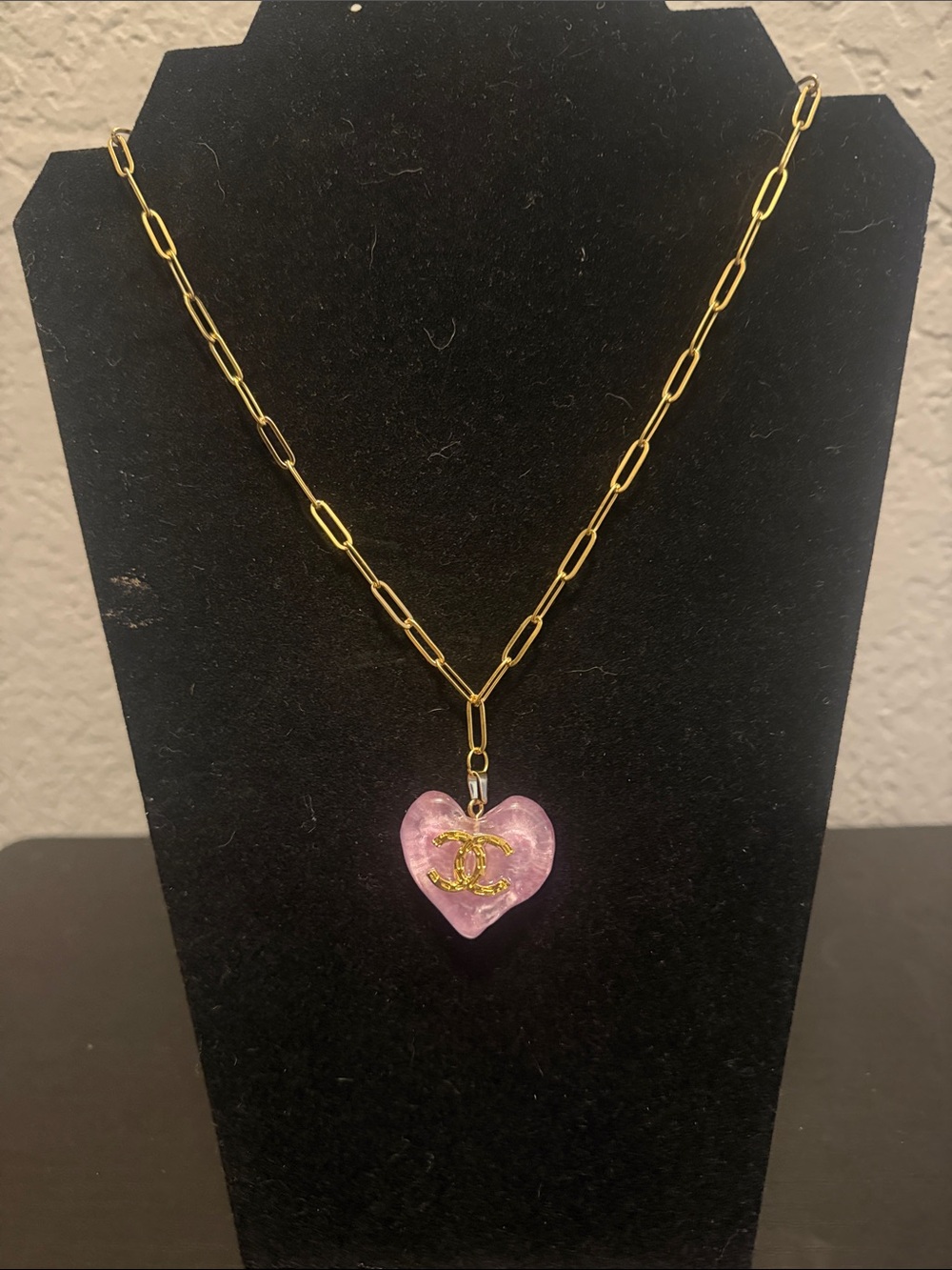 Inspired Gold Paperclip Necklace with Pink Heart Pendant and Logo Accent